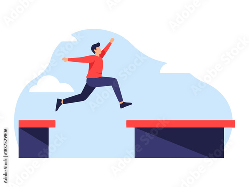 Flat vector illustration of a motivated man leaping across a difficult gap.