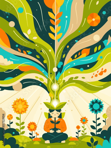 Vibrant flat design illustration of spiritual growth emerging from a meditating individual.