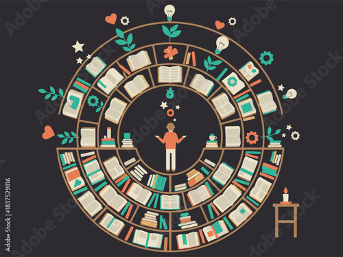 Conceptual illustration of knowledge and learning surrounding a person in a vast circular library.