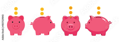 Illustrative Pink Piggy Banks Collecting Gold Coins for Financial Savings and Investment