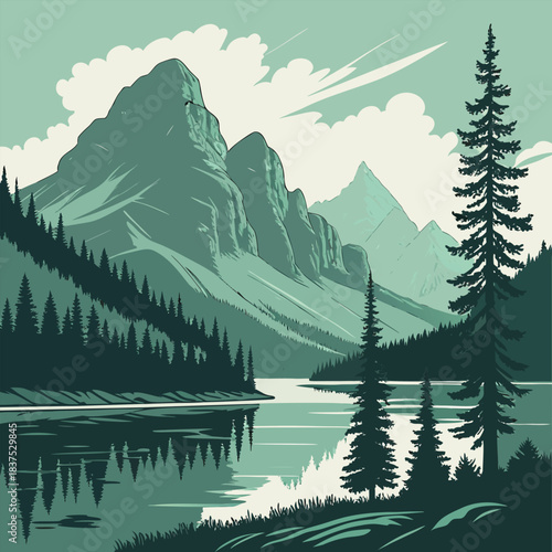 A serene mountain landscape featuring a green pine forest and a calm lake under a cloudy sky during the summer season