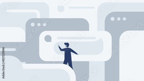 Flat design illustration showing a man immersed in layers of communication and social media windows.