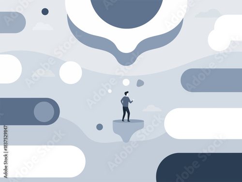 Conceptual flat illustration of a man contemplating a vast abstract environment in shades of blue and gray.