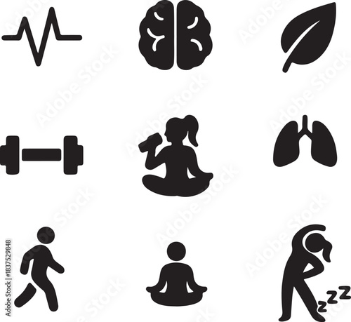 Collection of health and wellness icons: heartbeat, brain, leaf, dumbbell, yoga, lungs