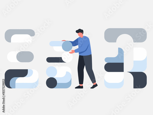 A person managing abstract geometric toggle switches and data parameters.