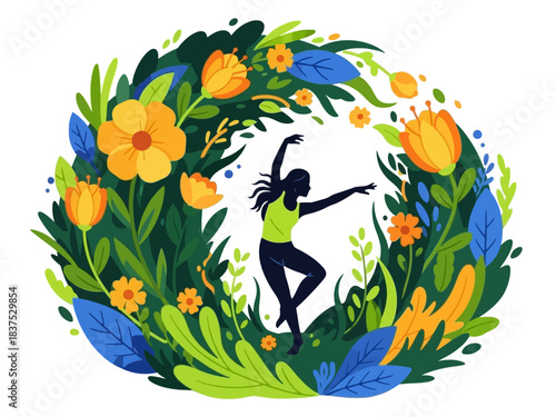 Stylized illustration of a dancing woman embraced by a vibrant organic floral wreath.