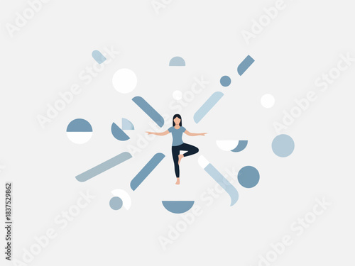 A balanced woman practices the tree pose (Vrksasana) amidst abstract geometric shapes, representing balance and mindfulness.