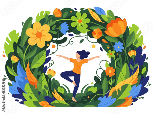 Flat vector illustration of a woman dancing gracefully inside a vibrant, stylized floral wreath.