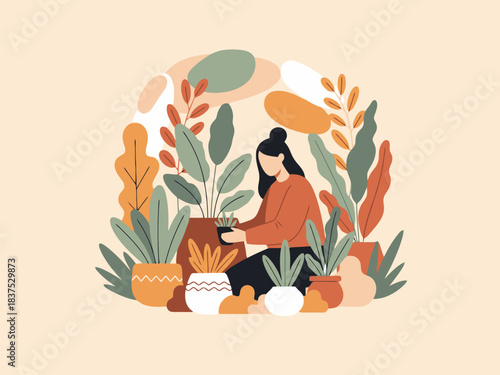 A woman plants seedlings surrounded by lush potted houseplants in a flat vector illustration.