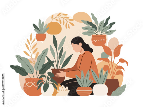 Vector illustration of a woman caring for numerous potted houseplants in a modern, earthy style.