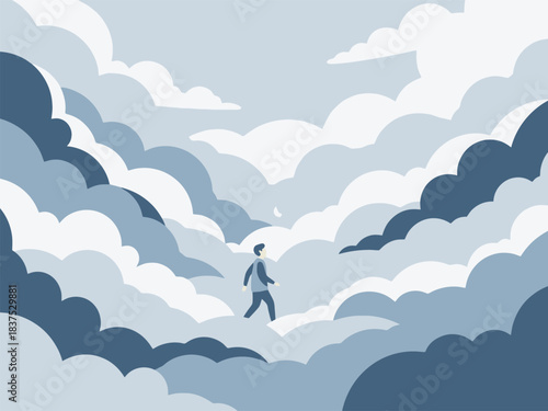 Minimalist vector illustration of a man walking confidently across a dense, conceptual cloudscape.