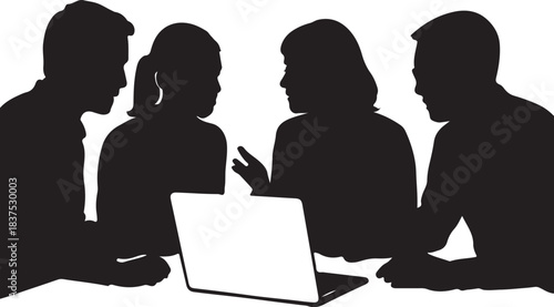 Silhouette of four people collaborating around a laptop computer.