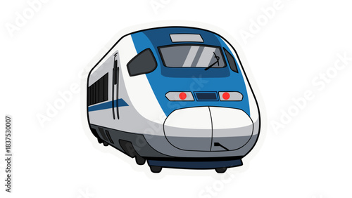 Modern High Speed Passenger Train with Blue and White Exterior Traveling on Tracks on a Clear Day With Detailed Pixel Art Style