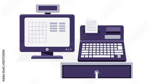 Modern Purple Cash Register and Computer Display Showing Financial Data on Desk With Drawer Open