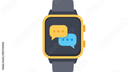 Modern Smartwatch Displaying Text Message Bubbles Yellow and Blue Notification Icon on Dark Gray Face with Yellow Bezel and Black Strap