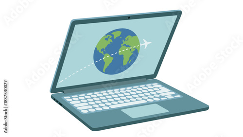 Modern Teal Laptop Displays A Globe With An Airplane Flying Around It On A Light Blue Screen With A White Keyboard And Trackpad Against A Black Background Representing Global Travel And Connectivity