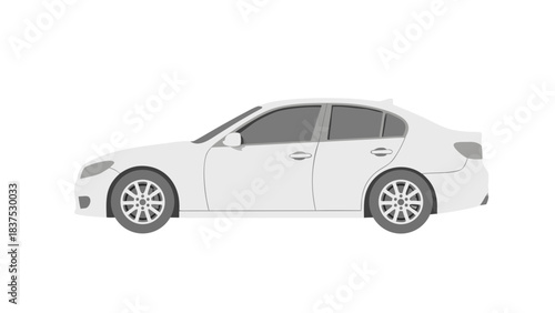 Modern White Sedan Car Silhouette Against A Black Background With Subtle Gray Window Tints And Silver Wheels Side Profile View
