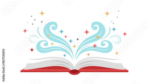 Open Book Emitting Swirls of Magical Light And Stars Against Dark Background With Colorful Accents