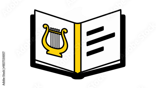 Open book with golden lyre symbol on left page and black lines on right page isolated on white background clean vector illustration