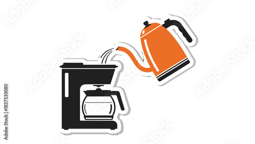 Orange And Black Kettle Pouring Water Into A Black Coffee Maker With A Glass Pot On A Black Background Vector Graphic