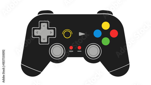 Modern Black Video Game Controller with Gray Buttons and Colorful Accents on a Solid Black Background