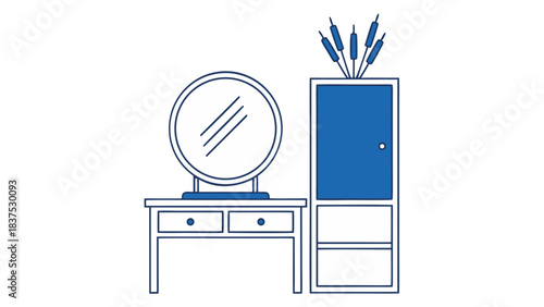Modern Blue And White Minimalist Interior Scene With A Round Mirror On A Table And A Tall Cabinet Decorated With Dried Reeds Studio Apartment Aesthetic
