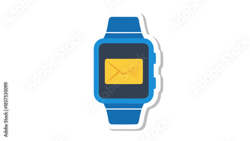 Modern Blue Smartwatch Displaying a Yellow Email Icon Against a Black Background Flat Design