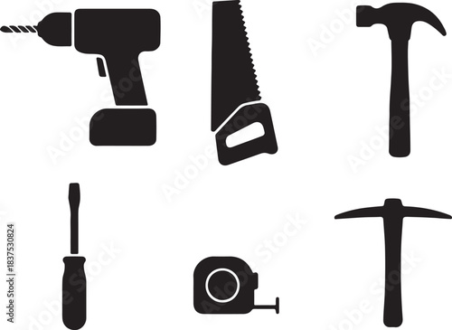 Collection of silhouetted hand tools on white background vector icon set