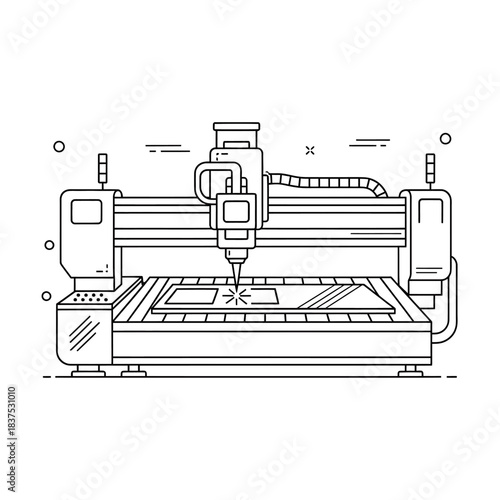 CNC Machine Operating Automated Cutting Process in Industrial Workshop Line Art Illustration with Technical Precision and Mechanical Detailing