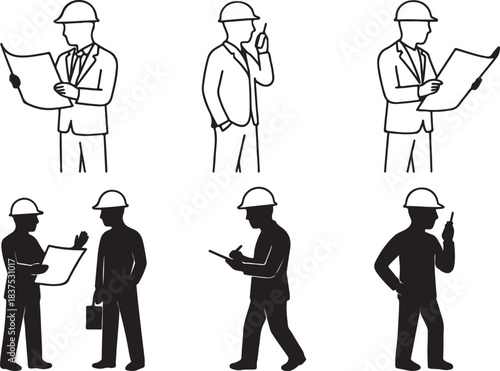 Construction workers in hard hats performing various job-related activities