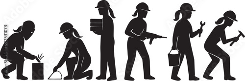 Silhouettes of women in various construction and labor roles, 60 characters