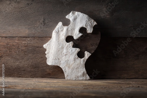 Rustic wooden background with a textured white paper head silhouette, jigsaw piece missing, soft diffused light, symbolizing mental clarity and introspection