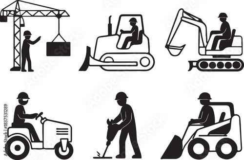 Construction worker icons with machinery and equipment on white background