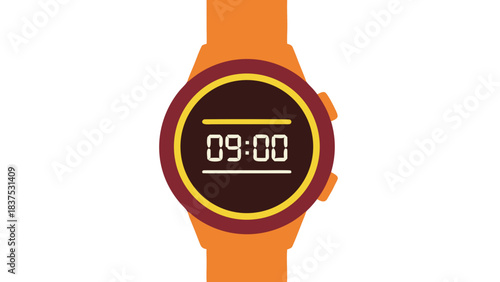 Orange Digital Smartwatch Displaying 0900 Time With Maroon and Yellow Accents Against Black Background