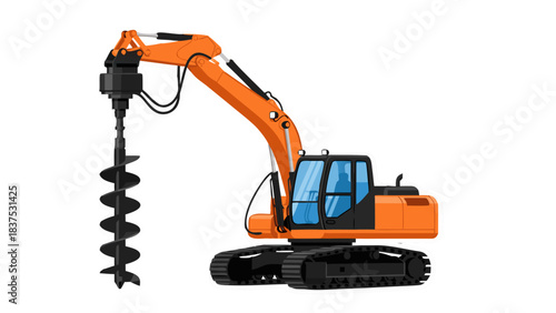 Orange Excavator With Large Auger Attached On Black Isolated Background Powerful Construction Machine For Digging And Drilling Heavy Duty Equipment Detailed Vector Illustration
