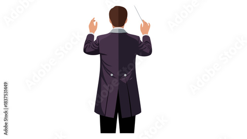Orchestra Conductor in Purple Tailcoat Directing Music with Baton Elegant Formal Attire Black Background