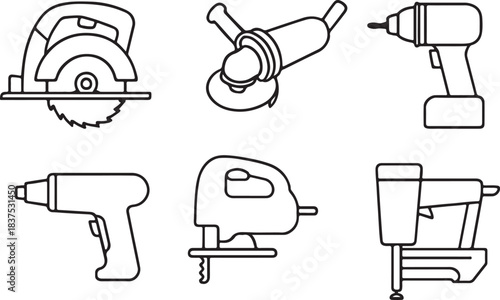 Collection of handheld power tools in outline style