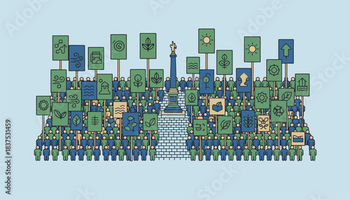 An overhead view of a massive crowd filling a public square with banners displayed prominently showcasing a mix of creative slogans about climate change.