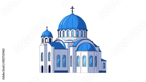 Orthodox Church Building With Blue Domes And White Walls Detailed Architectural Illustration On A Black Background In A Pixel Art Style