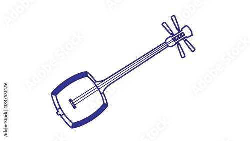 Outline illustration of a shamisen a three-stringed traditional Japanese instrument on a black background
