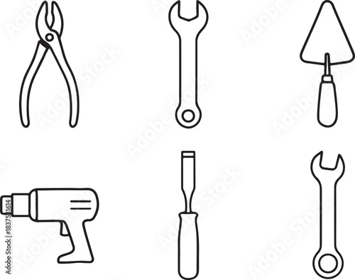 Collection of hand-drawn construction and repair tools