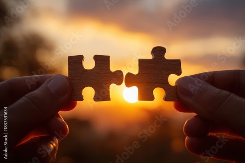 Close-up of two hands gently fitting together wooden puzzle pieces, silhouetted against a vibrant sunset, evoking a sense of harmony and connection