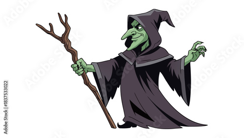 Pixel Art Illustration of a Green Skinned Witch Wearing a Dark Hooded Robe Holding a Wooden Staff in a Spooky Pose Against a Black Background