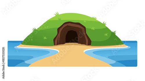Pixel Art Illustration Of A Lush Green Island With A Dark Cave Entrance Surrounded By Blue Water And Sandy Shoreline