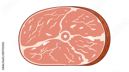 Pixel Art Illustration of a Round Slice of Ham with Visible Marbling Fat and a Central Bone Fragment Against a Black Background Detailed Food Art