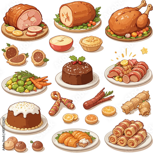 A festive illustration of various holiday foods, including roasted meats (ham, turkey), cakes (pudding, chocolate), side dishes (vegetables, citrus slices), and pigs in blankets