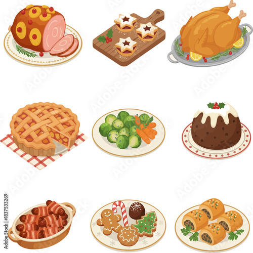 ,traditional Christmas foods, including roast ham, mince pies, turkey, apple pie, Brussels sprouts, Christmas pudding, pigs in blankets, gingerbread, and sausage rolls