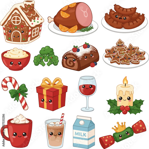 A collection of 15 kawaii-style Christmas items, including a gingerbread house, ham, sausages, Yule log, eggnog, hot cocoa, milk, gift, candy cane, candle, and gingerbread cookies