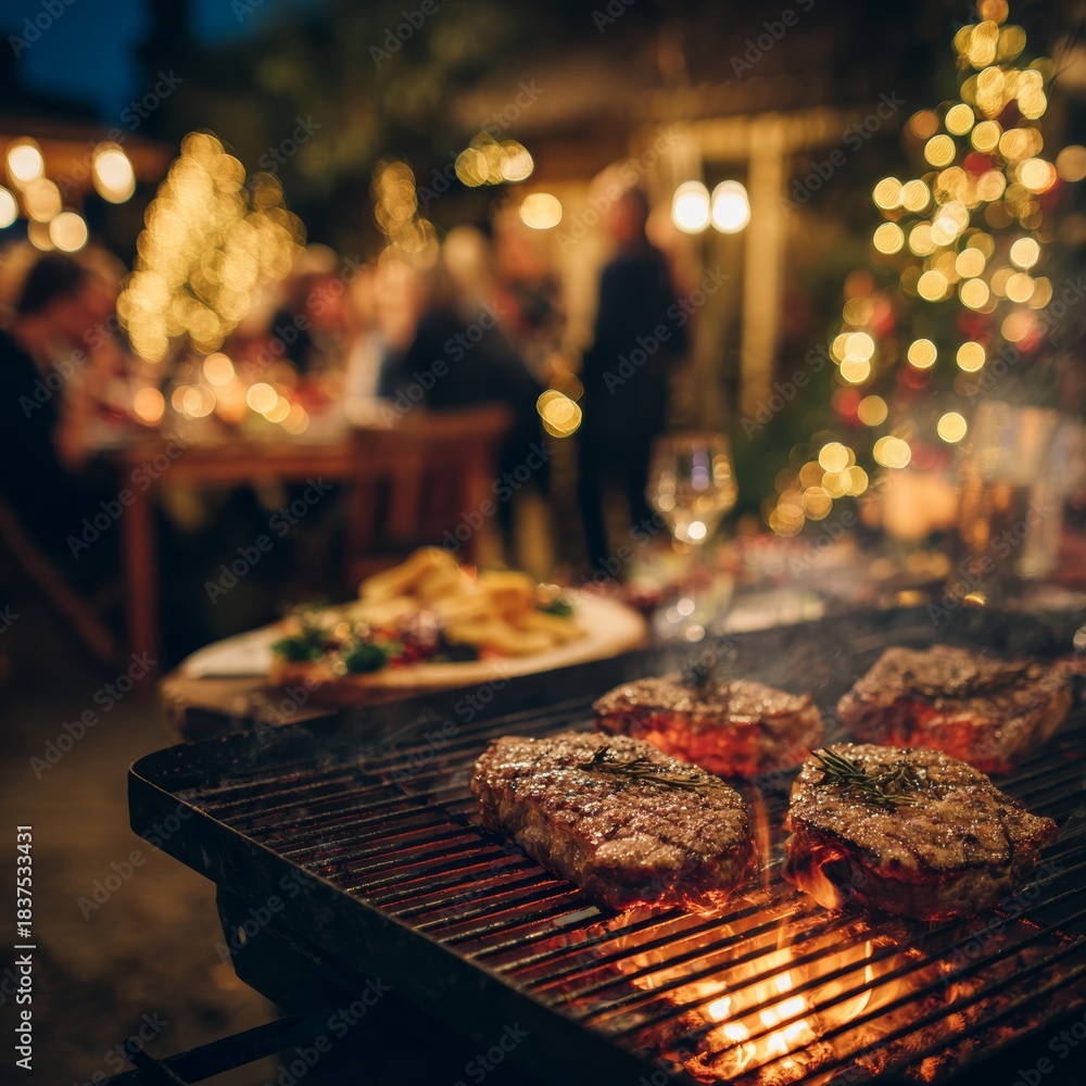 Obraz premium Celebration in the garden grilled meat, joyful people, and festive christmas trees in view