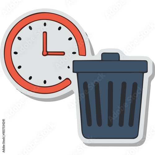 Digital Illustration of a Dark Blue Trash Can Next to a Clock With Red Hour Hand and Red Second Hand on a White Background With Shadow Effect
